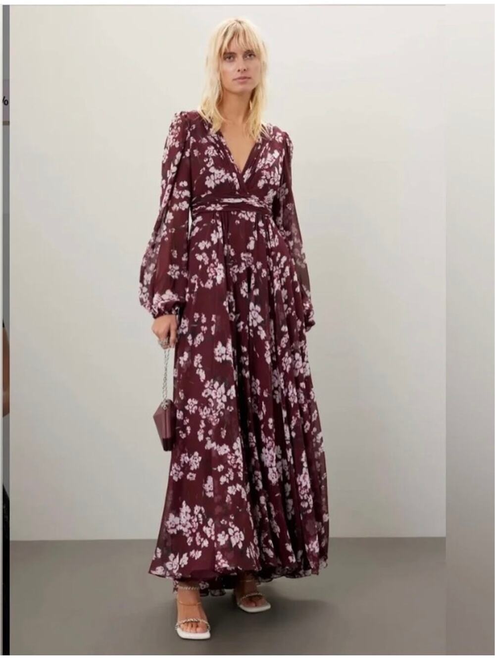 Ieena for Mac Duggal Floral Chiffon maxi Gown v neck dress size 8